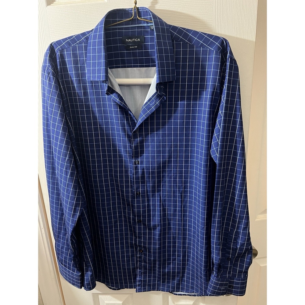 Mens "Nautica" Polyester Stretch Dress Shirt 17-17.5 Slim Fit XL Grid